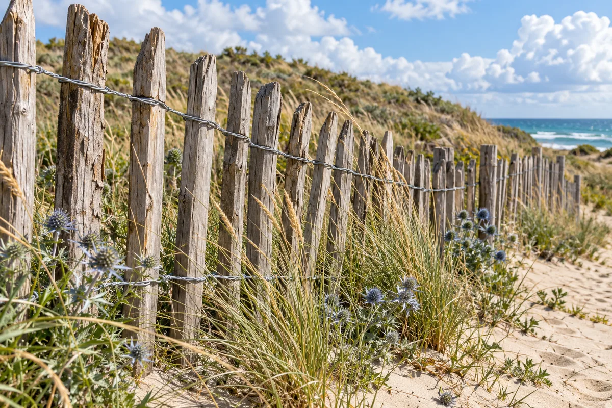 Ganivelle en lattes de châtaignier refendu reliées par du fil galvanisé torsadé en lisière d&rsquo;un jardin sableux de bord de mer