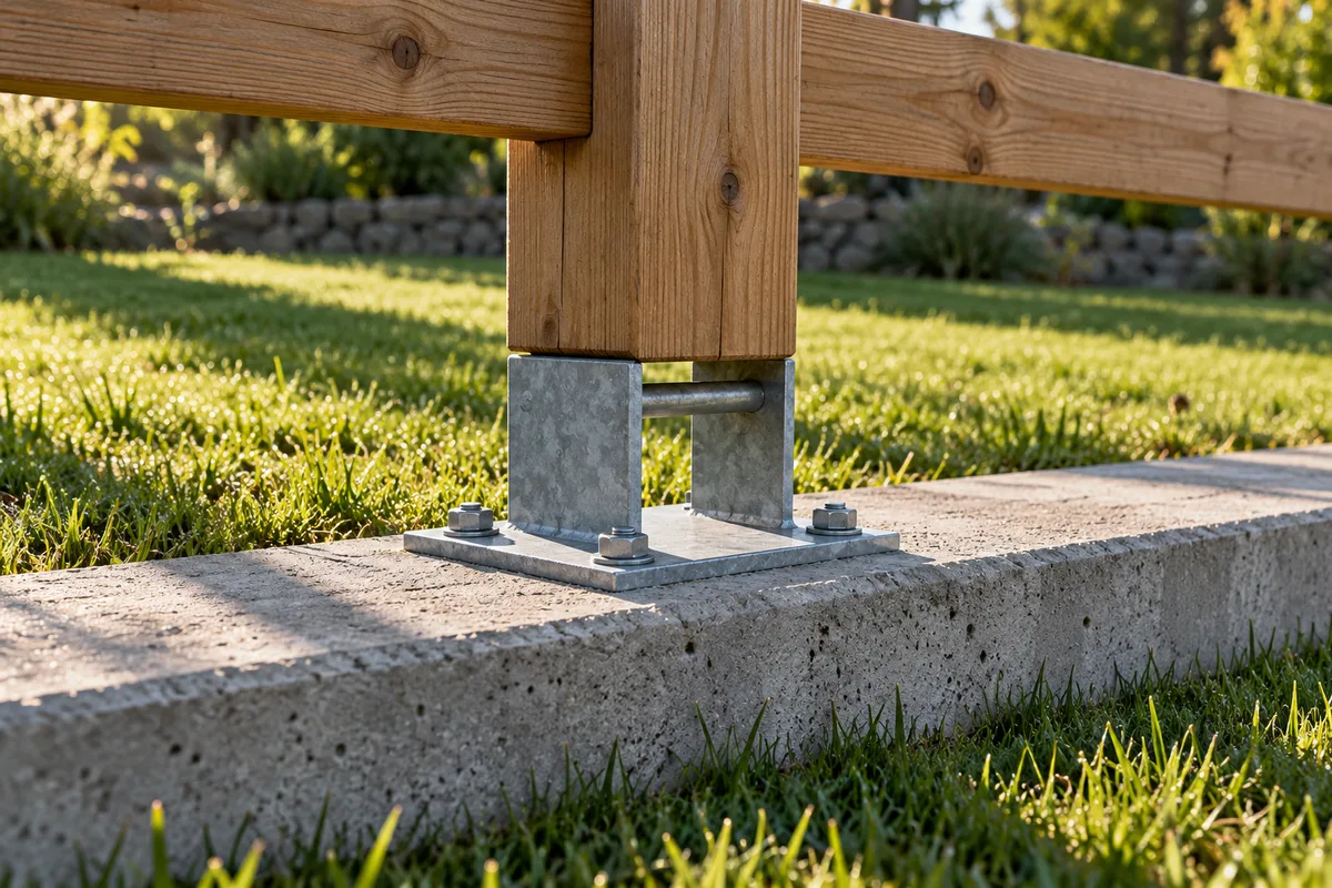 Pied de poteau de clôture en bois surélevé sur une platine en acier galvanisé boulonnée à un muret de béton