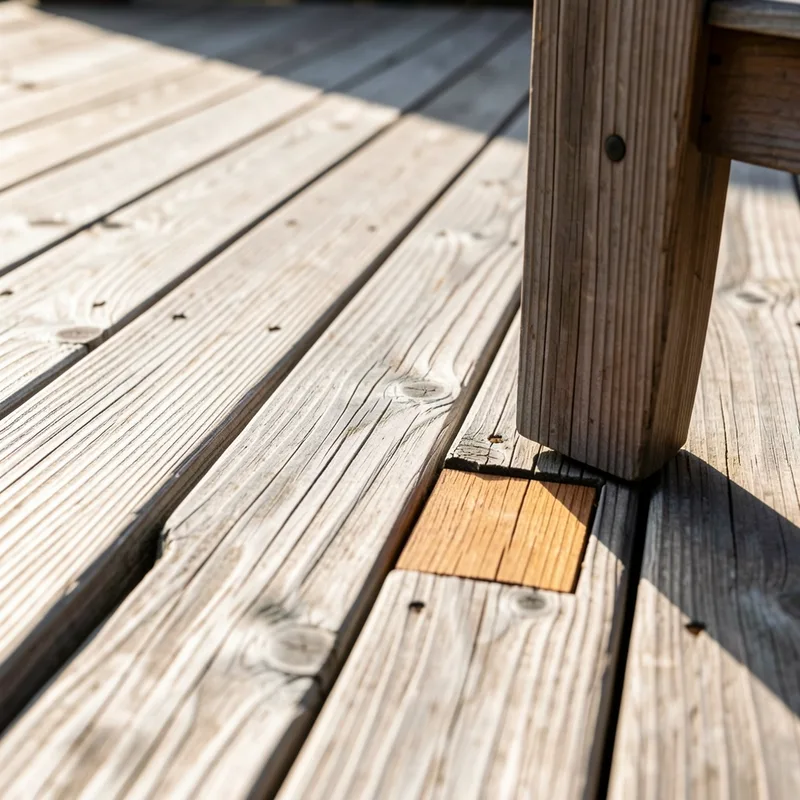 Terrasse en bois partiellement grisée par les UV, une zone nettoyée contrastant avec le reste des lames