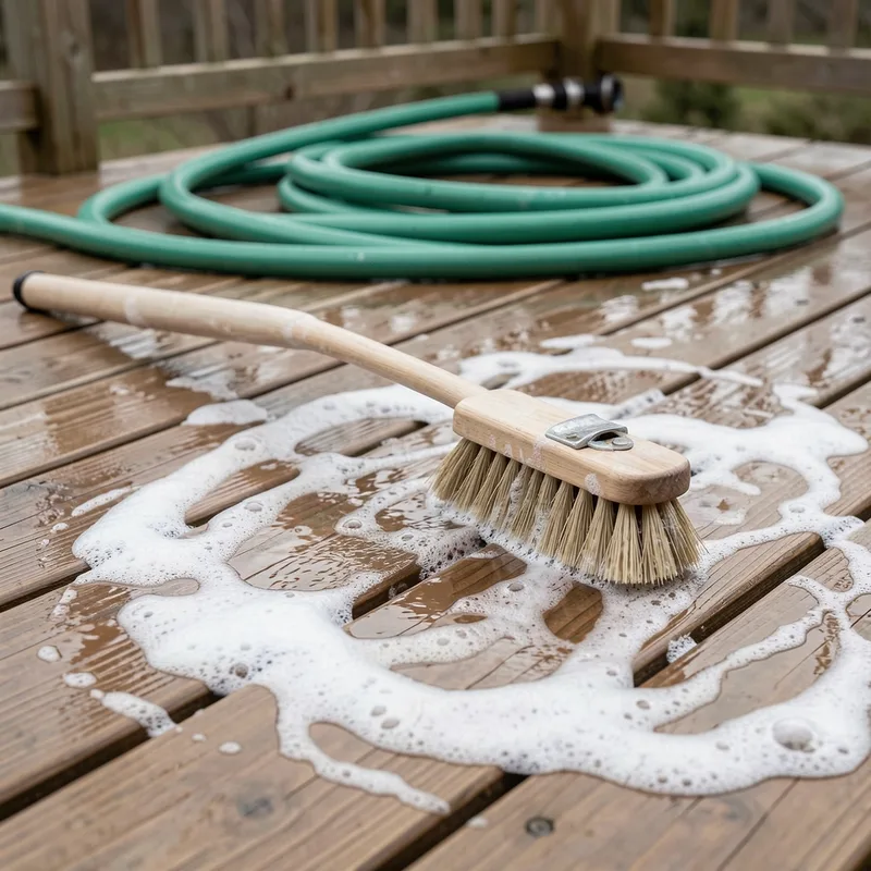 Balai-brosse à poils souples passé dans le sens des fibres sur des lames de terrasse mouillées