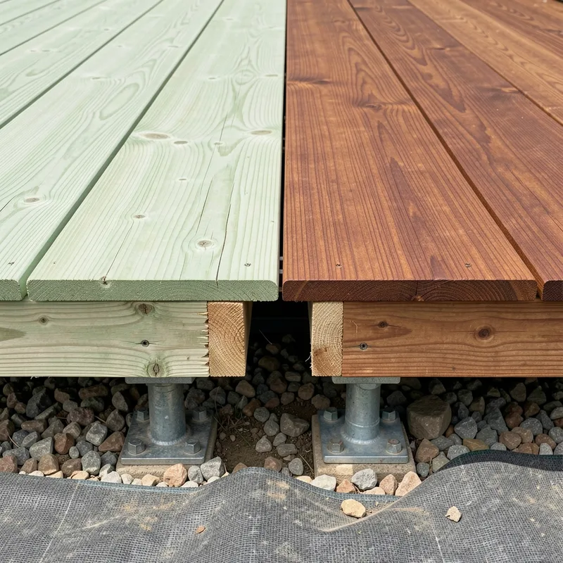 Lames de terrasse en pin autoclave et en bois exotique dense posées côte à côte sur une structure ventilée