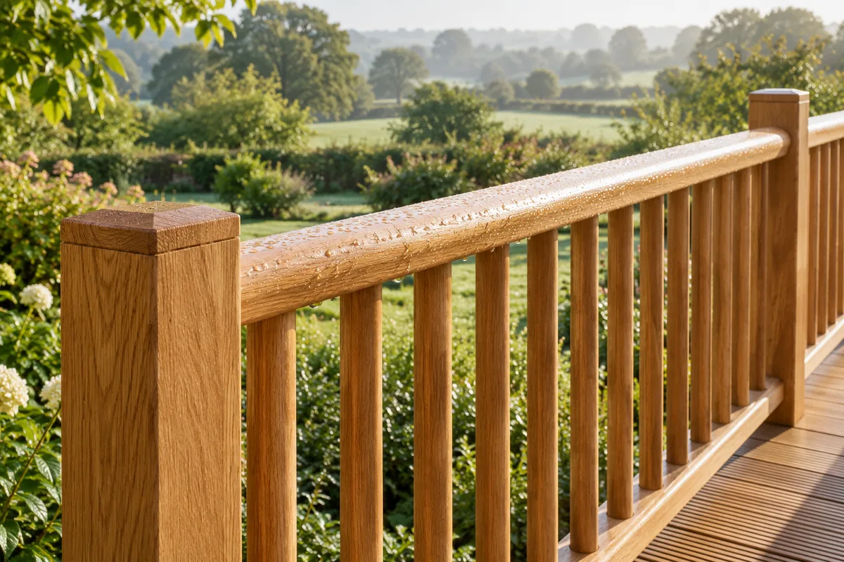 Garde-corps en bois de chêne à barreaux ronds verticaux au bord d&rsquo;une terrasse
