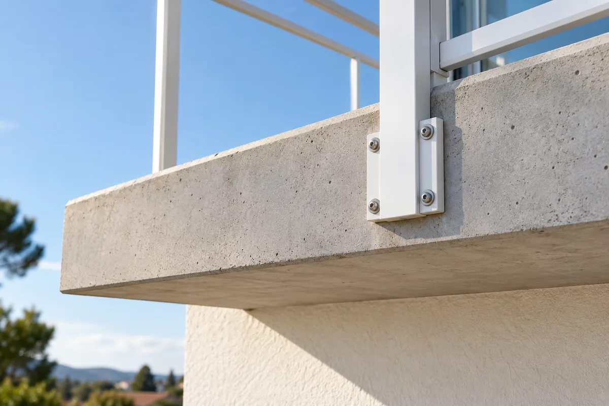 Poteau de garde-corps en aluminium fixé en applique sur le nez d&rsquo;une dalle de balcon