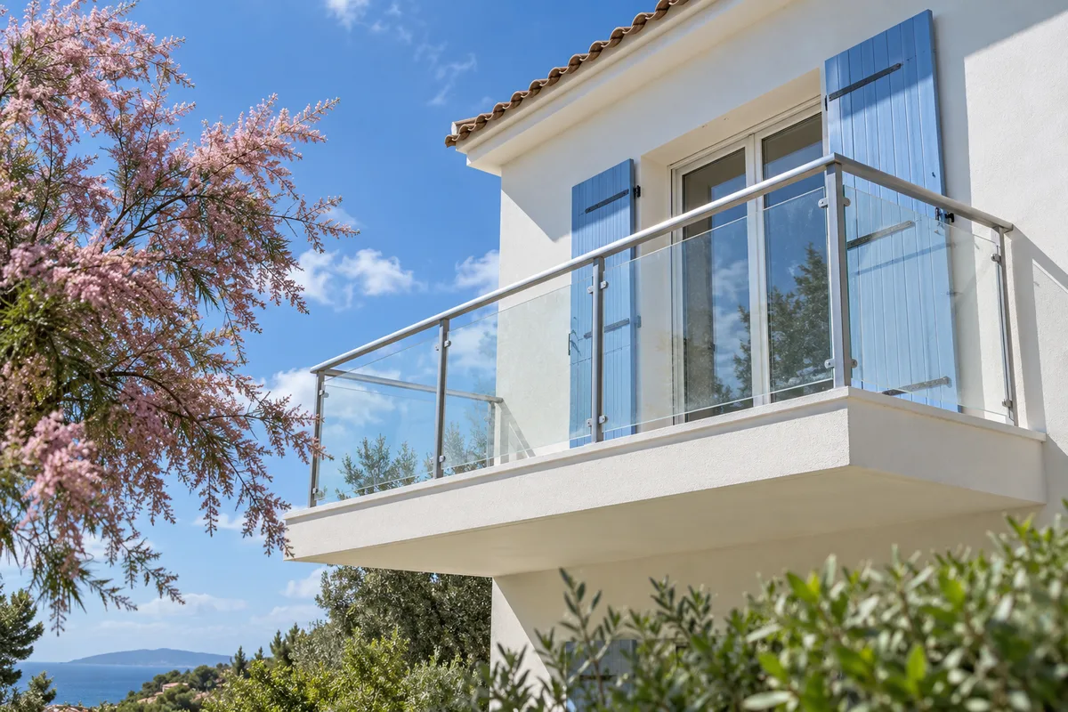 Balcon d&rsquo;étage protégé par un garde-corps en verre et aluminium gris clair