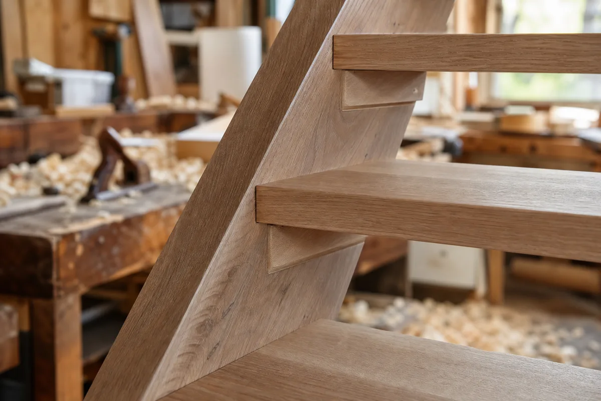 Escalier bois quart tournant en chêne dans une maison vendéenne lumineuse