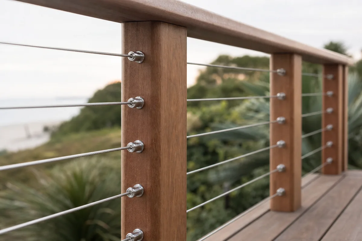 Garde-corps bois et câble inox sur une terrasse littorale en Vendée