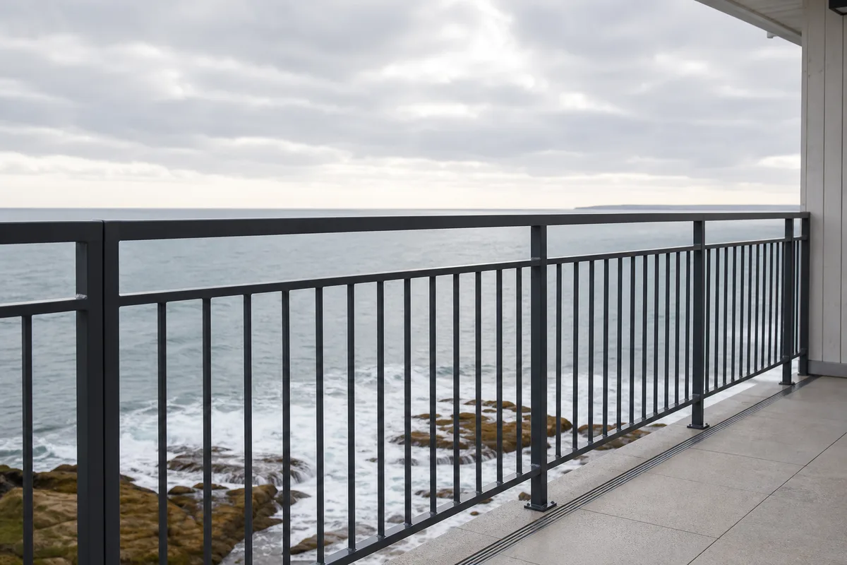Balustrade métallique thermolaquée en bord de mer face à l&rsquo;océan vendéen
