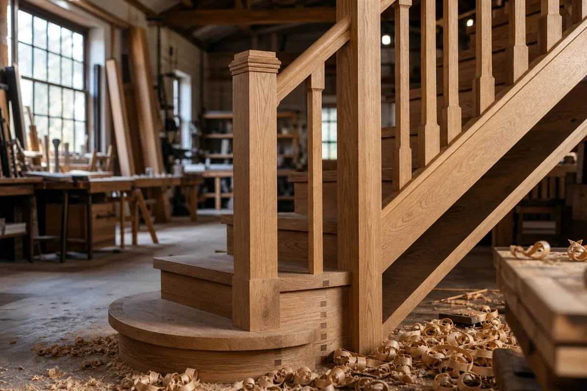 Atelier de menuiserie bois en Vendée, escalier et garde-corps en chêne