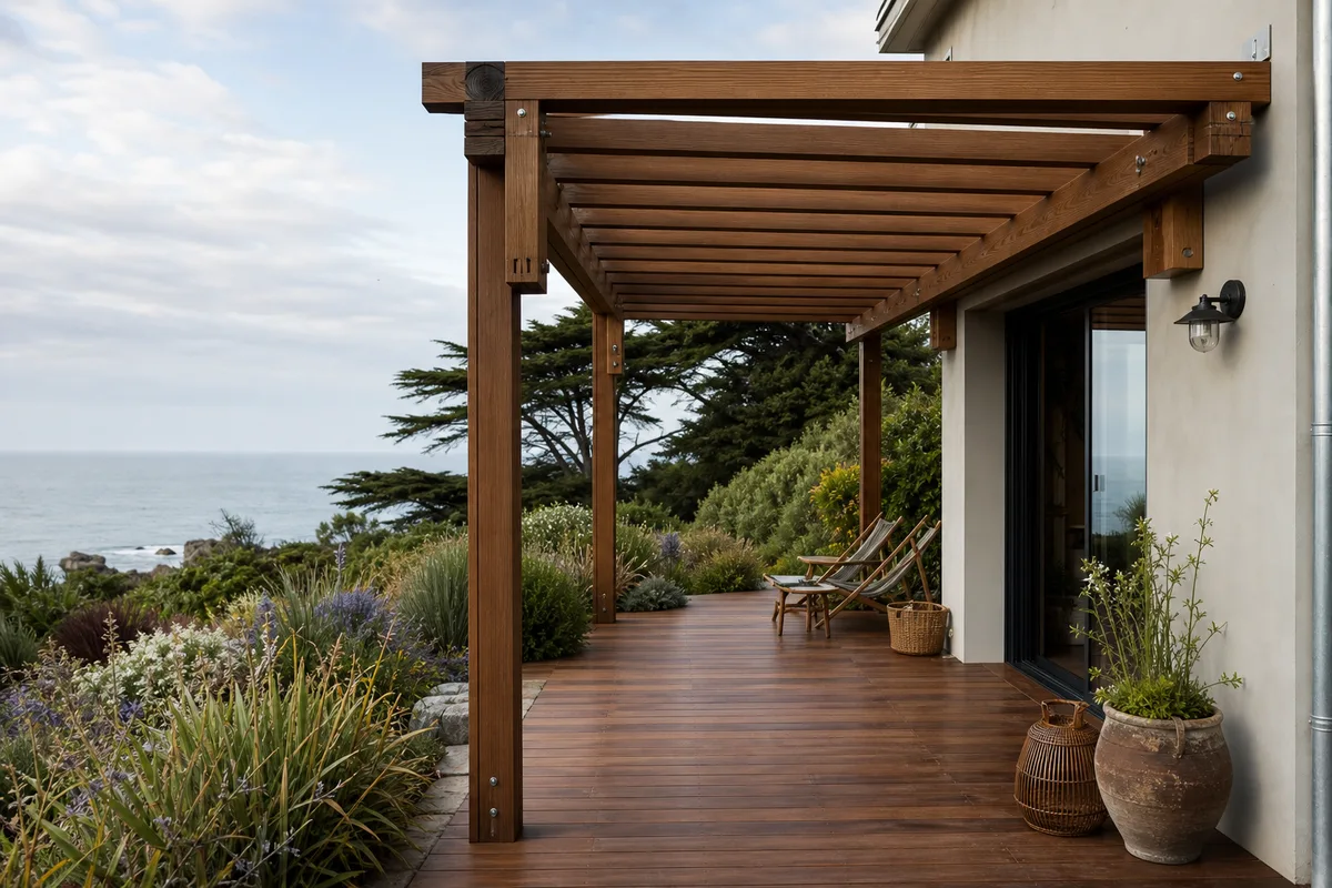 Terrasse en bois exotique et pergola devant une maison contemporaine du littoral vendéen, ambiance bord de mer