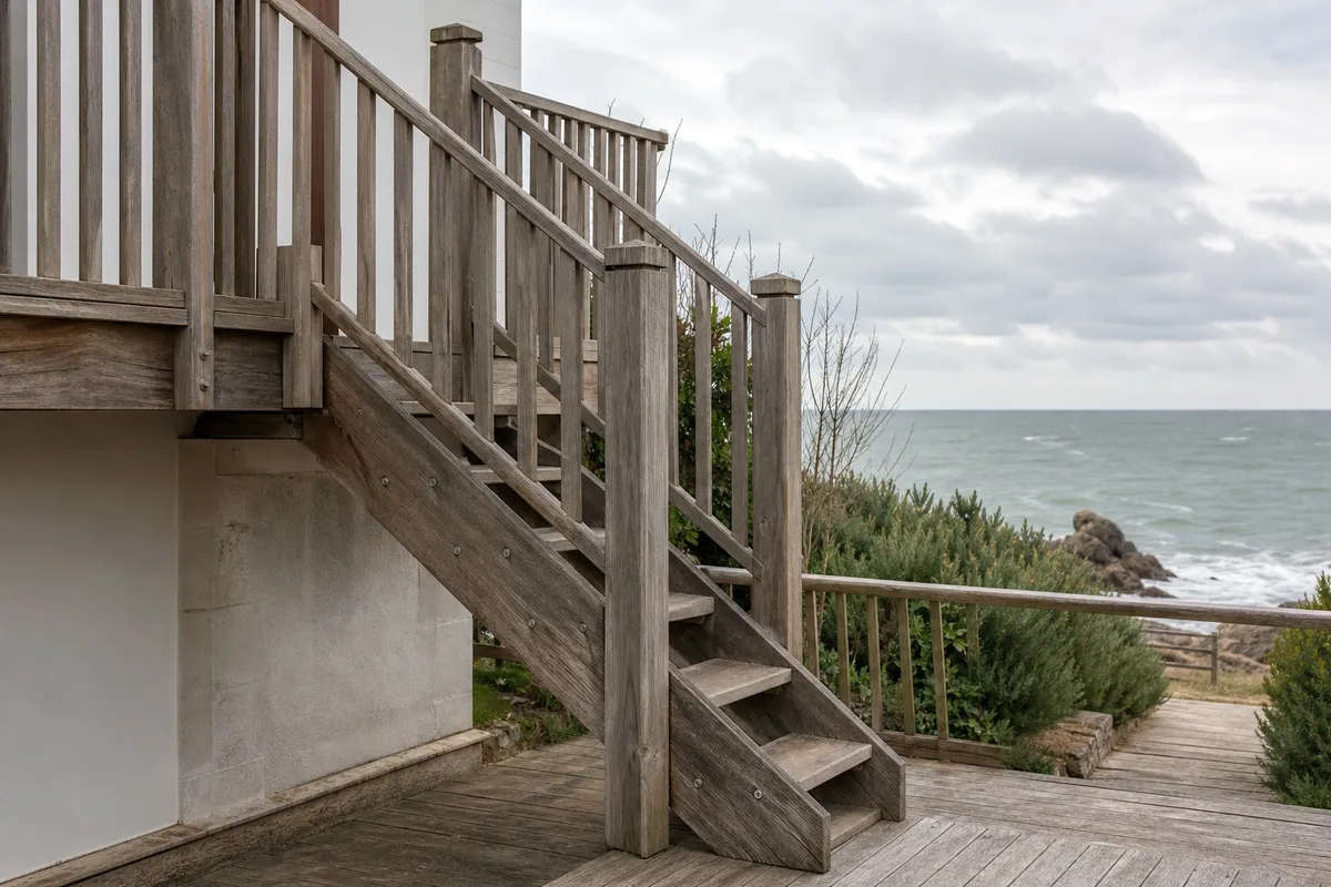 Escalier et garde-corps en bois d&rsquo;un ouvrage extérieur exposé aux embruns, quartier résidentiel proche de l&rsquo;océan