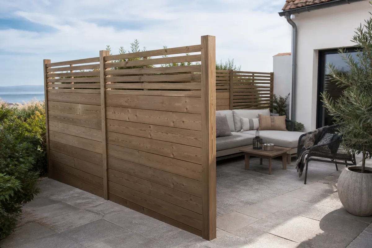 Panneau occultant en bois délimitant une terrasse abritée du vent en Vendée