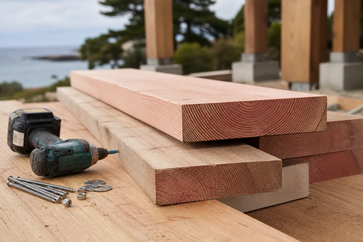 Lames de douglas et red cedar prêtes pour la pose d’un brise-vue de jardin côtier