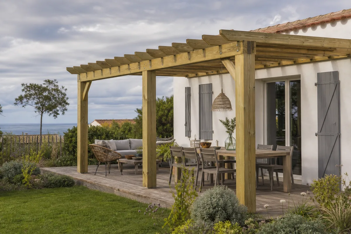 Pergola bois adossée à une terrasse de maison vendéenne