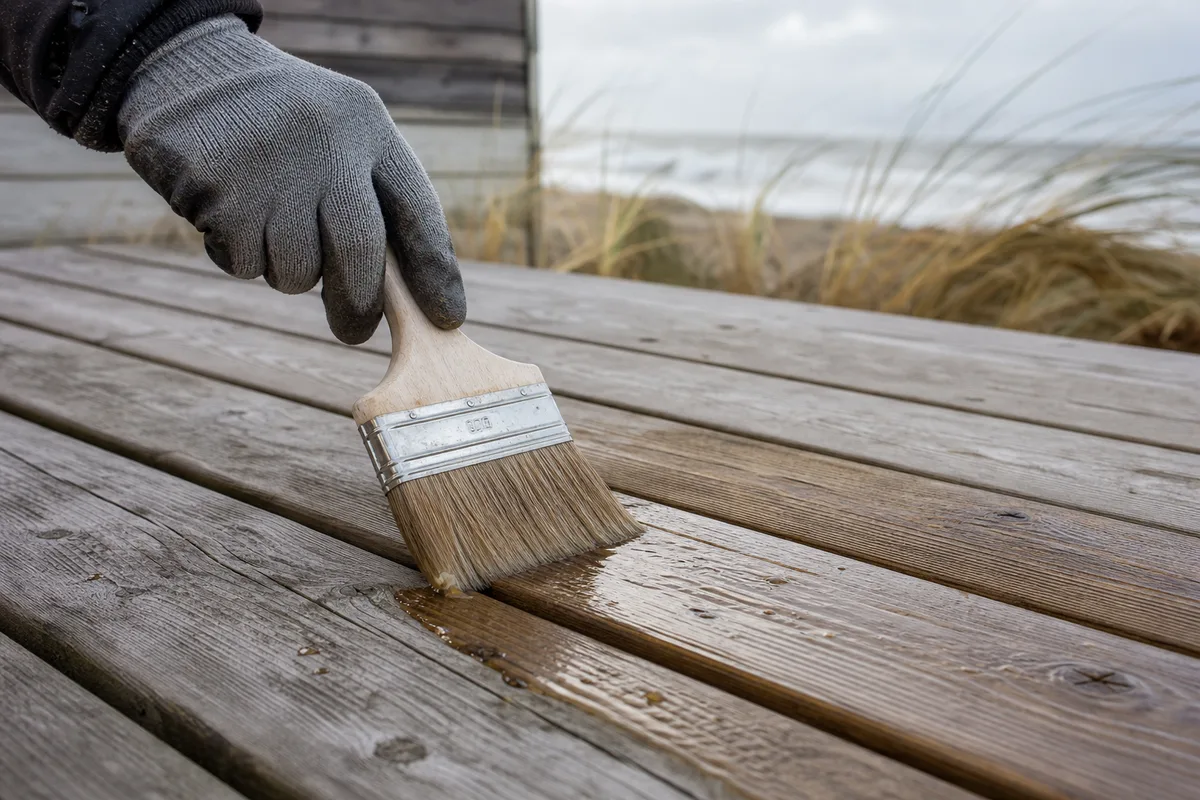 Application d&rsquo;un saturateur sur une terrasse bois exposée aux embruns en Vendée